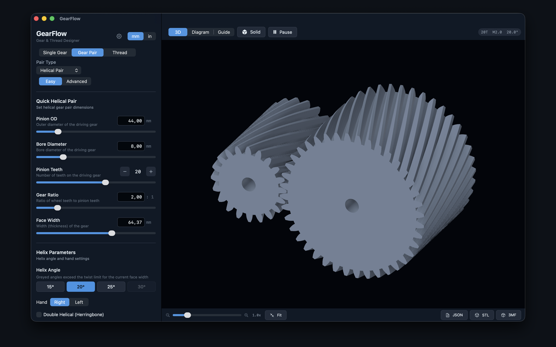 GearFlow showing a helical gear pair in real-time 3D with the parametric design sidebar